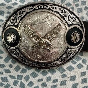NRA Vintage Silver & Gold  Buckle Montana Silversmiths, and Leather Eagle Belt